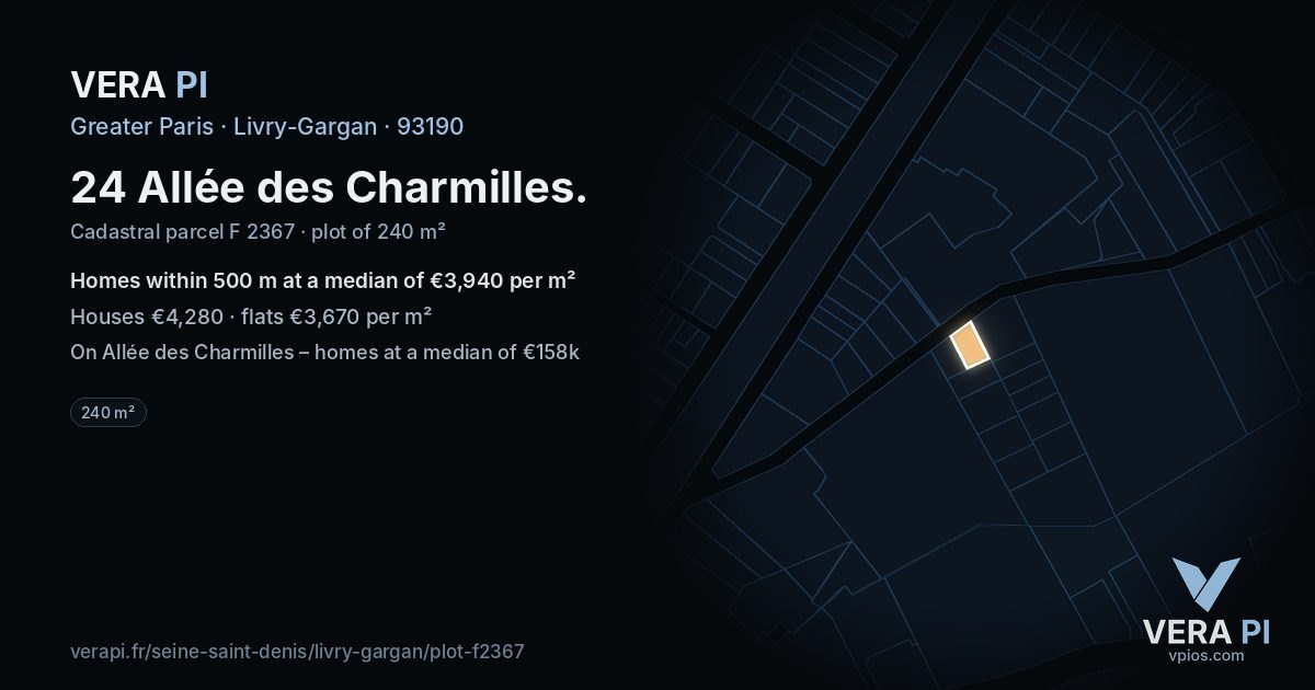 24 Allée des Charmilles, Livry-Gargan at night – the plot lit, the parcels around coloured by the prices near them