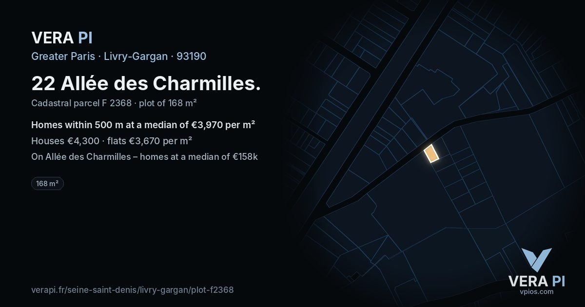 22 Allée des Charmilles, Livry-Gargan at night – the plot lit, the parcels around coloured by the prices near them