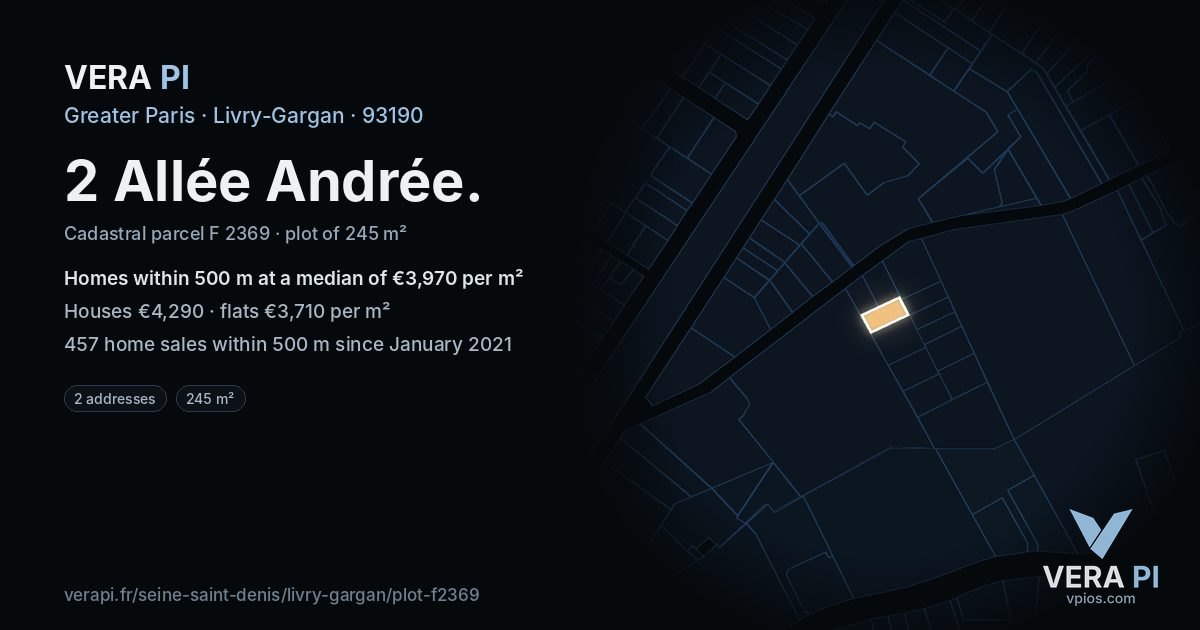 2 Allée Andrée, Livry-Gargan at night – the plot lit, the parcels around coloured by the prices near them