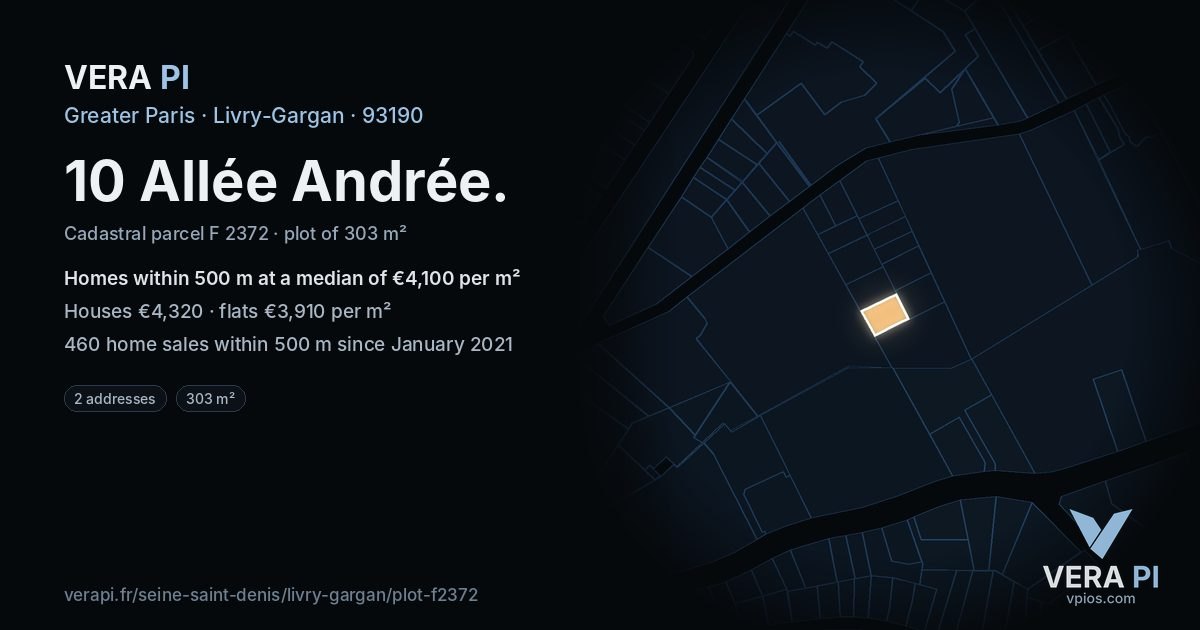 10 Allée Andrée, Livry-Gargan at night – the plot lit, the parcels around coloured by the prices near them