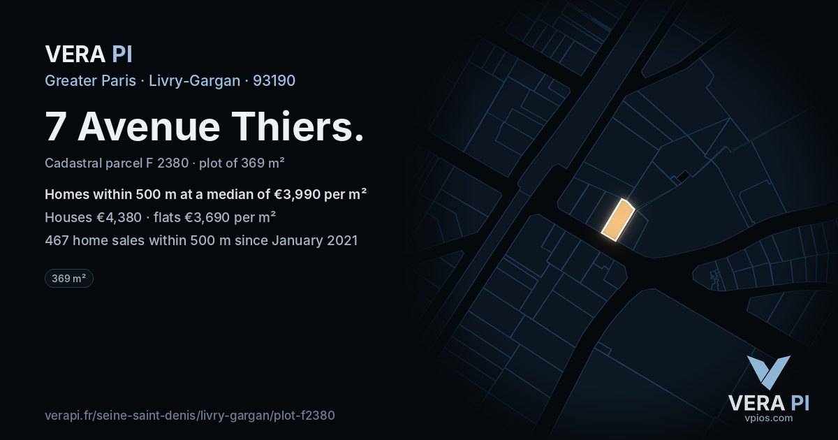 7 Avenue Thiers, Livry-Gargan at night – the plot lit, the parcels around coloured by the prices near them