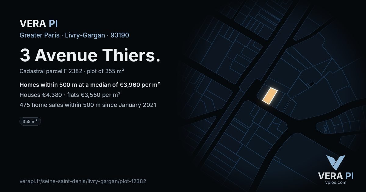 3 Avenue Thiers, Livry-Gargan at night – the plot lit, the parcels around coloured by the prices near them
