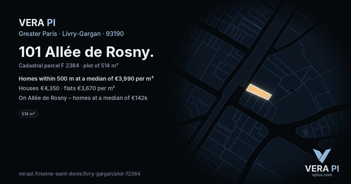 101 Allée de Rosny, Livry-Gargan at night – the plot lit, the parcels around coloured by the prices near them