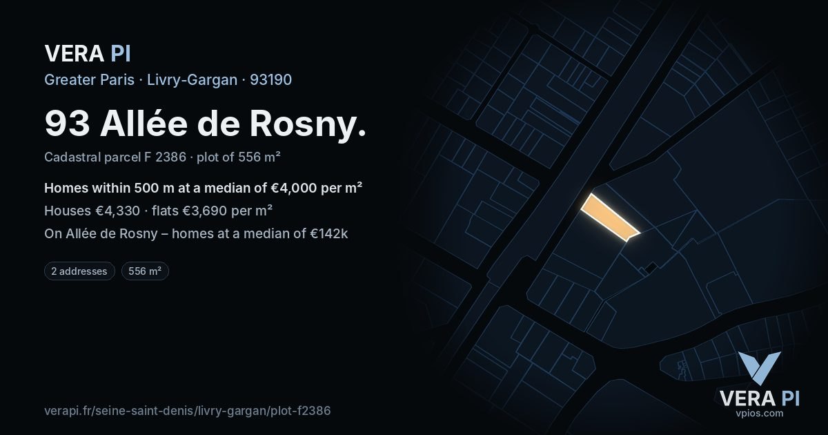 93 Allée de Rosny, Livry-Gargan at night – the plot lit, the parcels around coloured by the prices near them