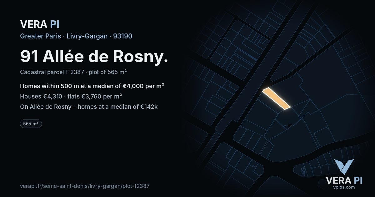 91 Allée de Rosny, Livry-Gargan at night – the plot lit, the parcels around coloured by the prices near them