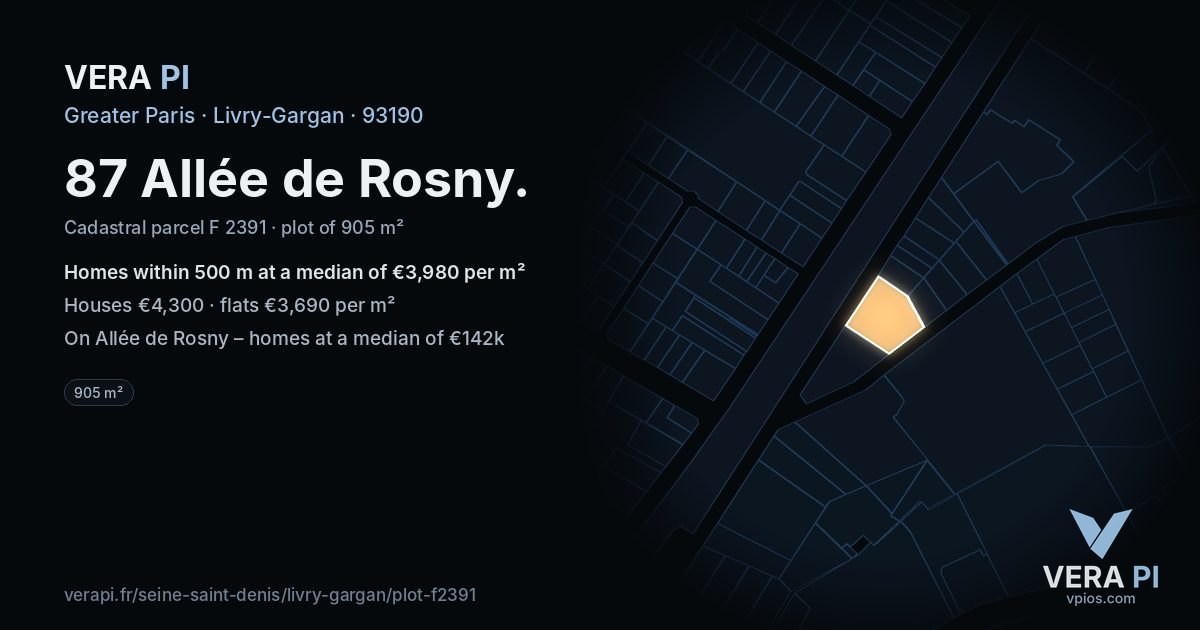 87 Allée de Rosny, Livry-Gargan at night – the plot lit, the parcels around coloured by the prices near them