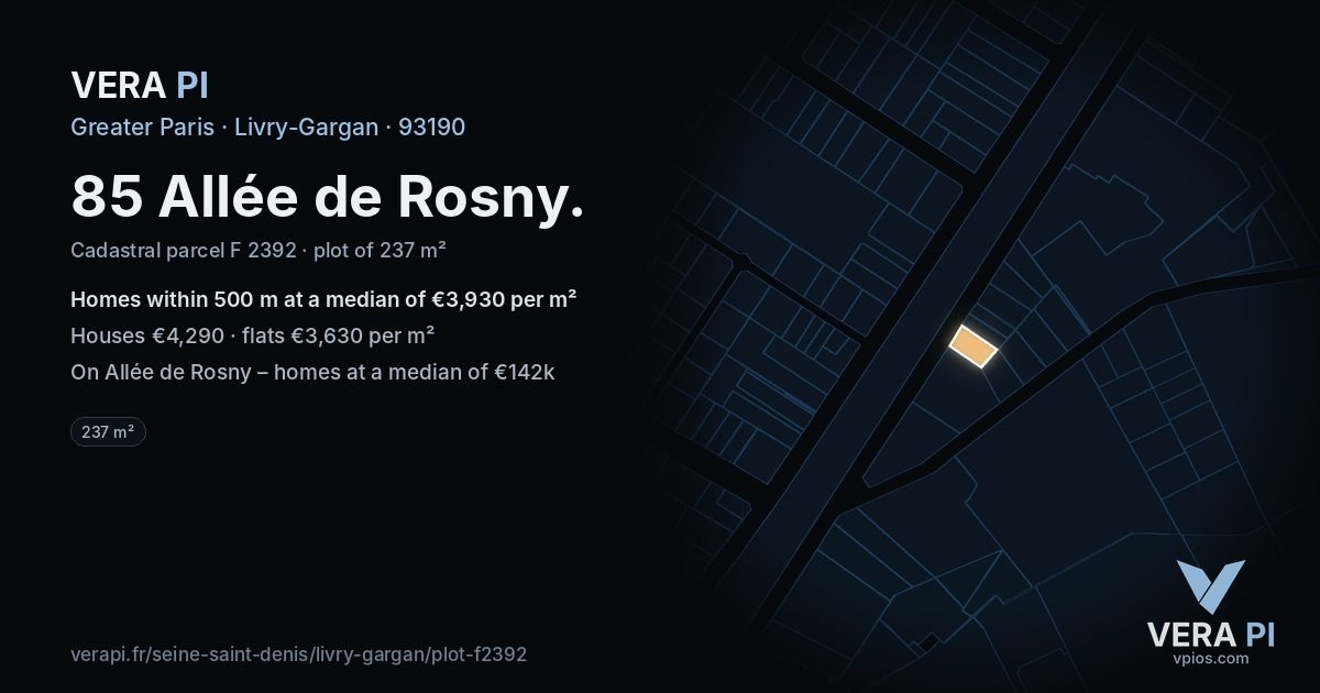 85 Allée de Rosny, Livry-Gargan at night – the plot lit, the parcels around coloured by the prices near them