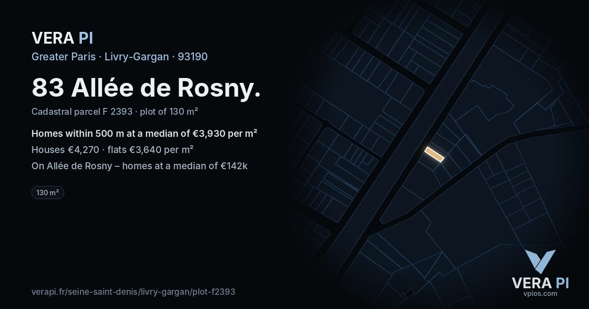 83 Allée de Rosny, Livry-Gargan at night – the plot lit, the parcels around coloured by the prices near them
