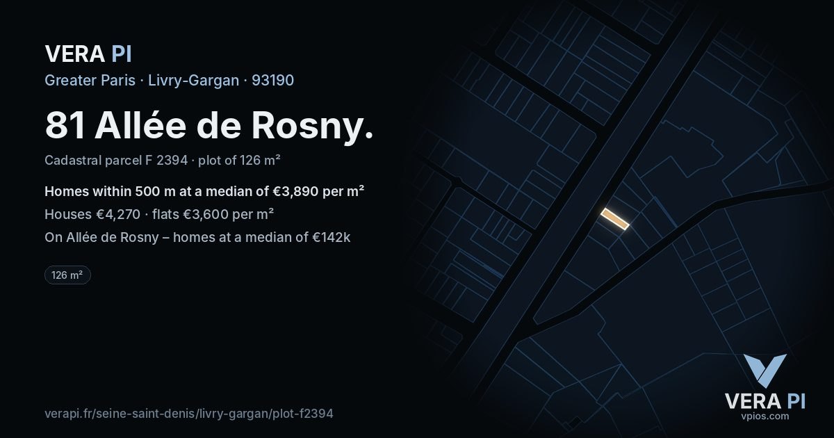81 Allée de Rosny, Livry-Gargan at night – the plot lit, the parcels around coloured by the prices near them