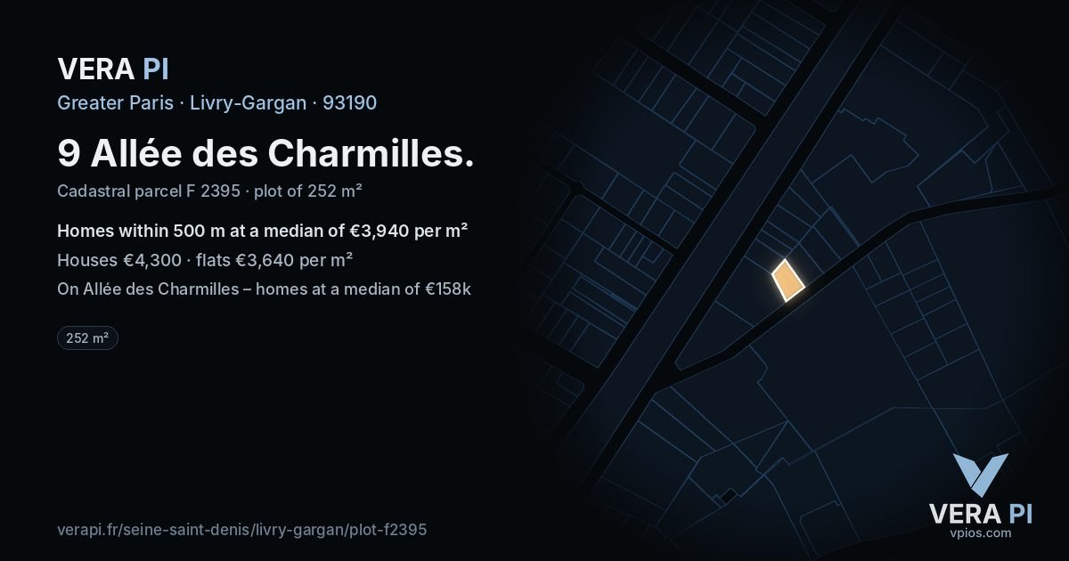 9 Allée des Charmilles, Livry-Gargan at night – the plot lit, the parcels around coloured by the prices near them