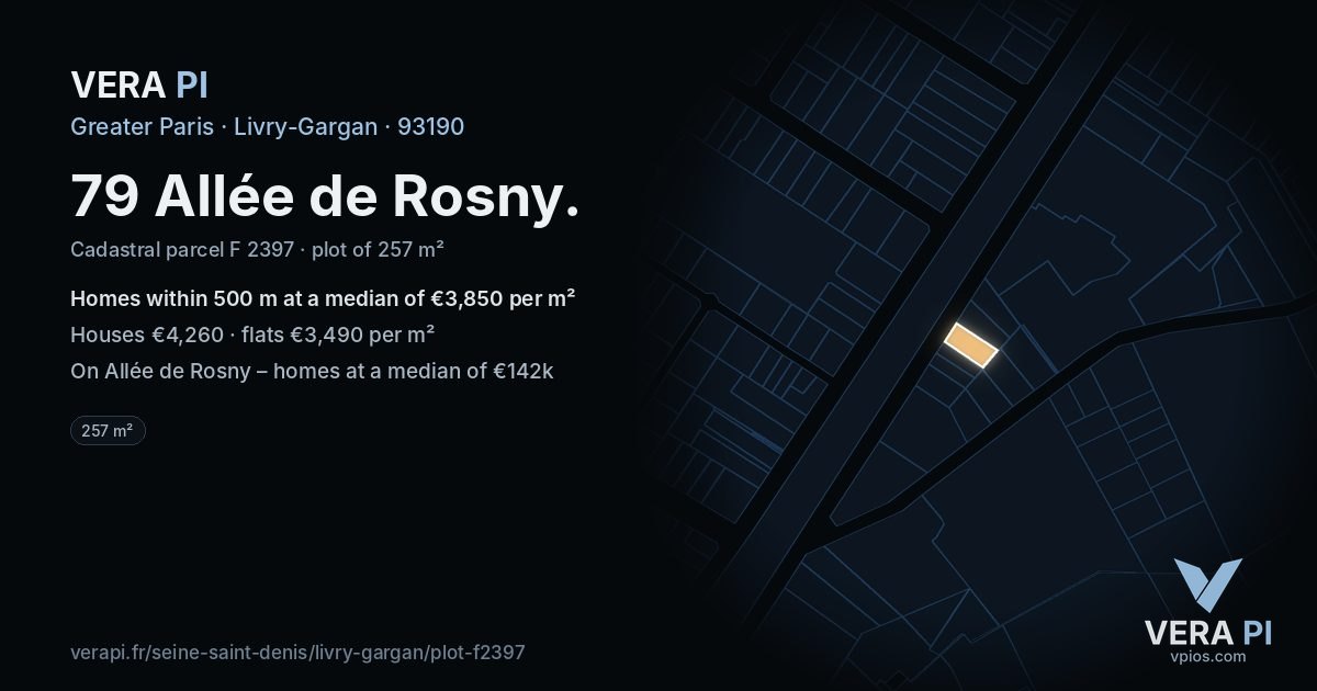 79 Allée de Rosny, Livry-Gargan at night – the plot lit, the parcels around coloured by the prices near them