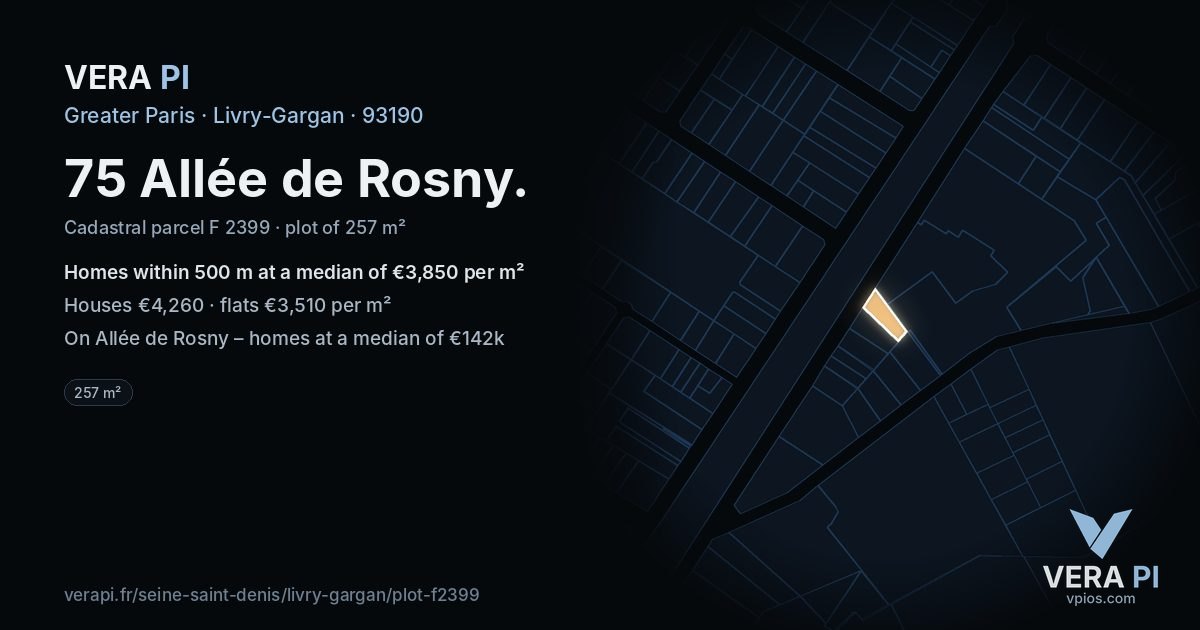 75 Allée de Rosny, Livry-Gargan at night – the plot lit, the parcels around coloured by the prices near them