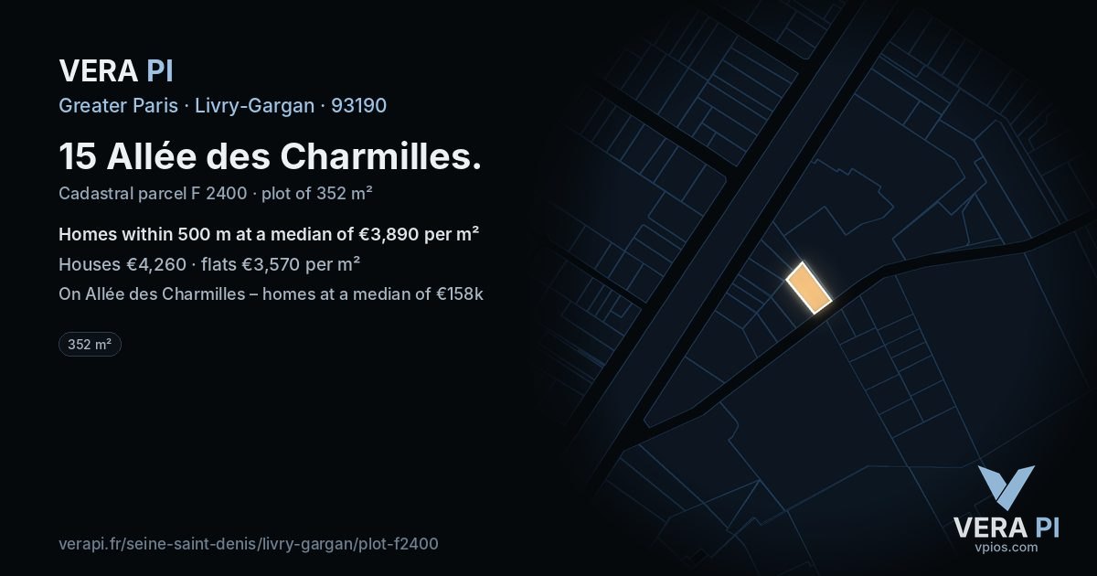 15 Allée des Charmilles, Livry-Gargan at night – the plot lit, the parcels around coloured by the prices near them