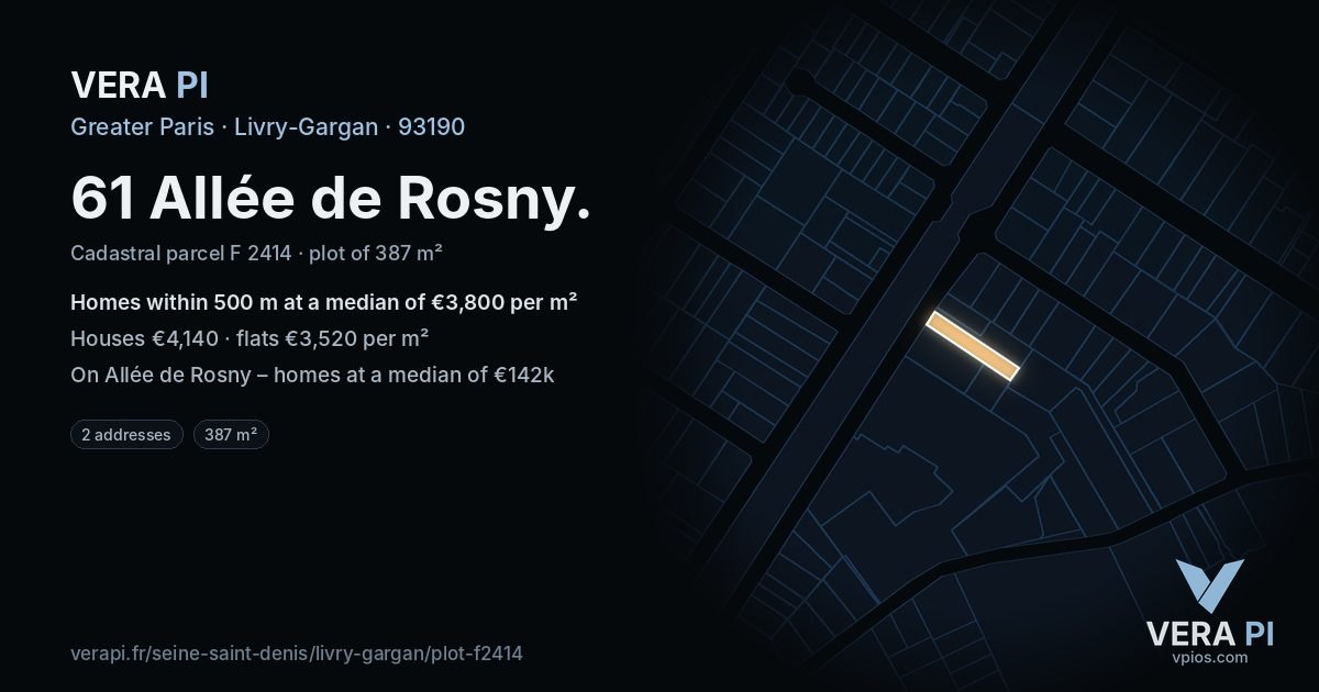 61 Allée de Rosny, Livry-Gargan at night – the plot lit, the parcels around coloured by the prices near them