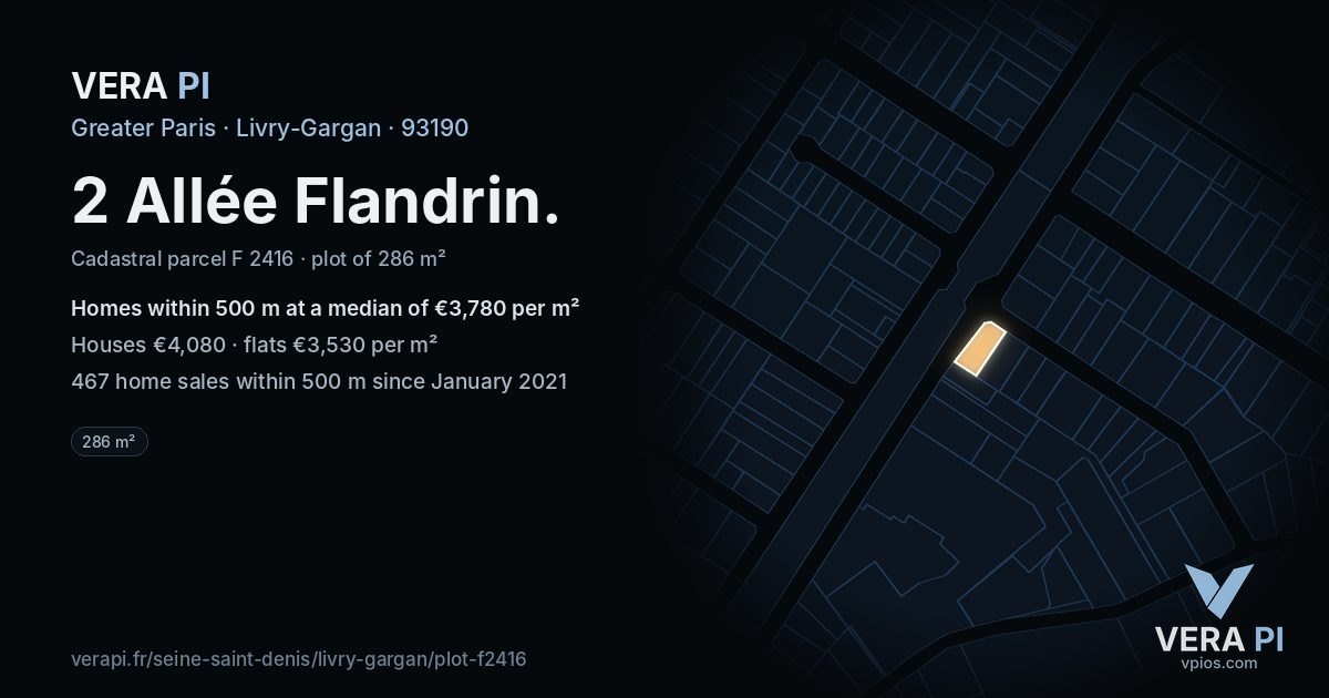 2 Allée Flandrin, Livry-Gargan at night – the plot lit, the parcels around coloured by the prices near them