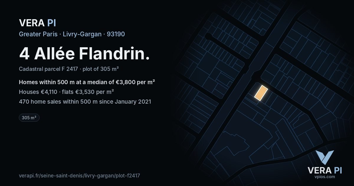 4 Allée Flandrin, Livry-Gargan at night – the plot lit, the parcels around coloured by the prices near them