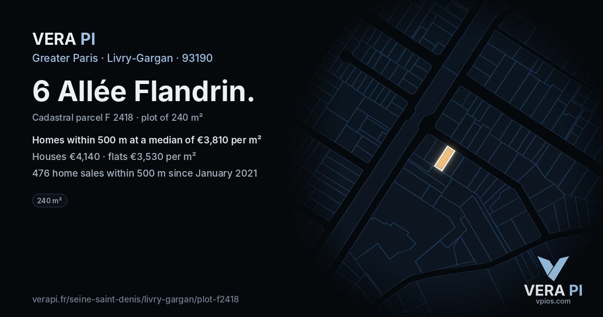 6 Allée Flandrin, Livry-Gargan at night – the plot lit, the parcels around coloured by the prices near them