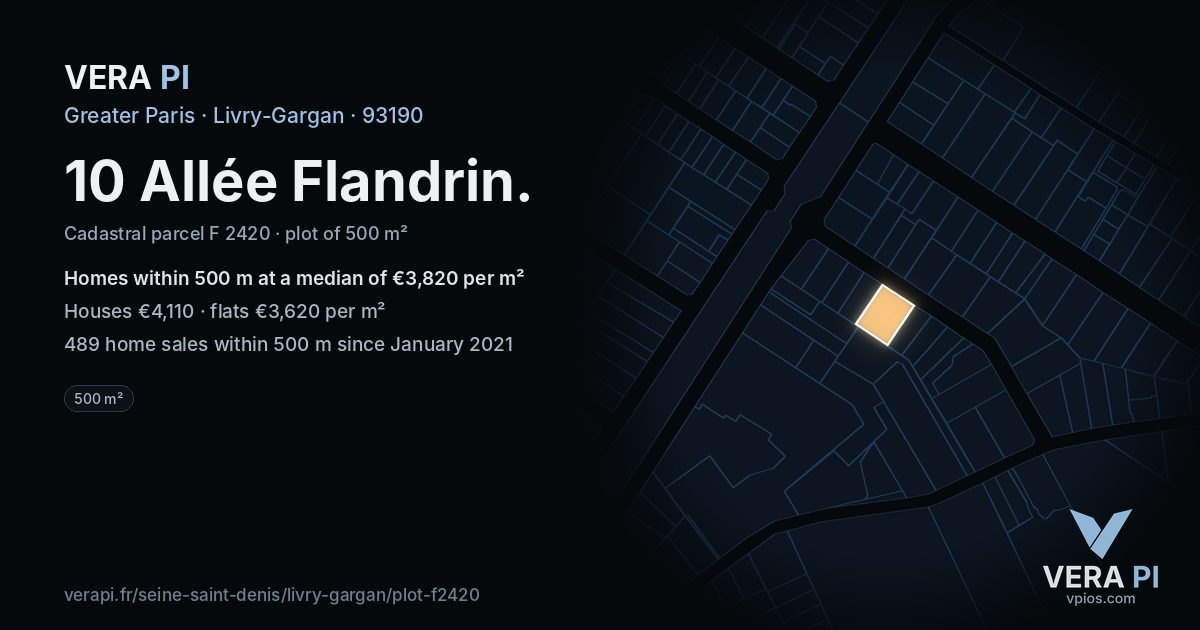 10 Allée Flandrin, Livry-Gargan at night – the plot lit, the parcels around coloured by the prices near them