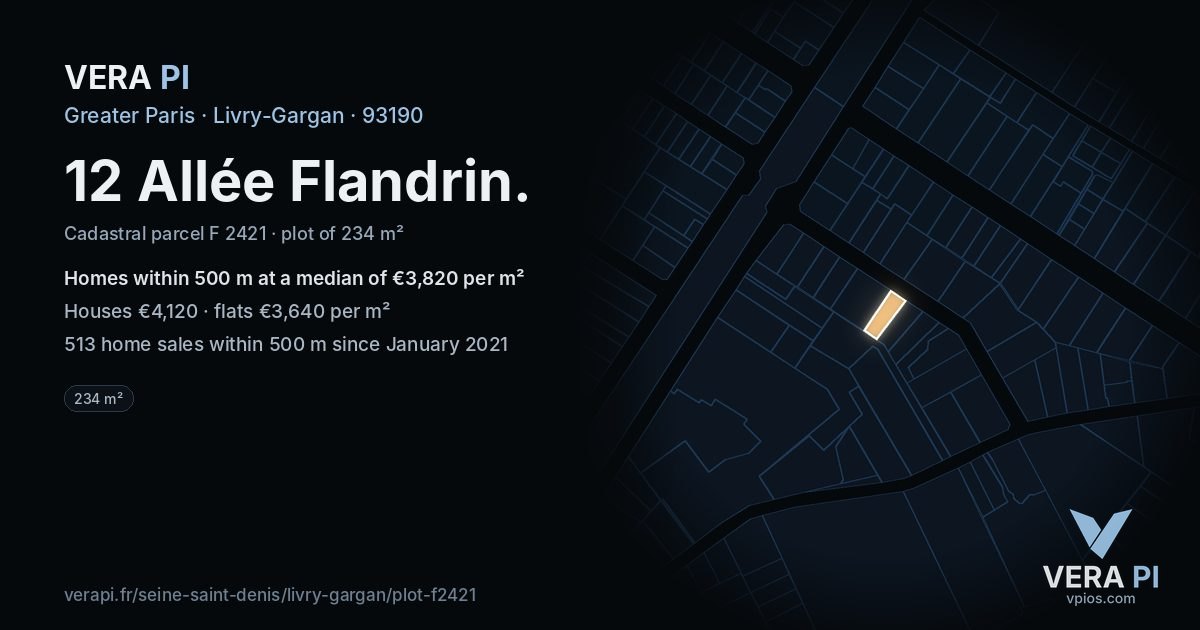 12 Allée Flandrin, Livry-Gargan at night – the plot lit, the parcels around coloured by the prices near them