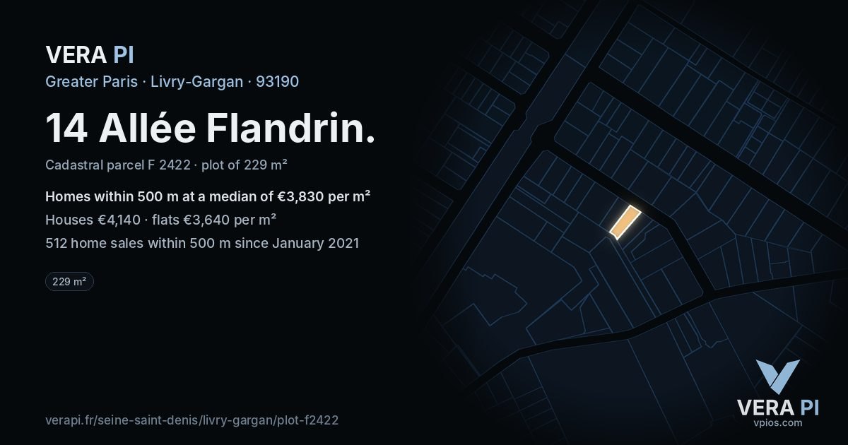 14 Allée Flandrin, Livry-Gargan at night – the plot lit, the parcels around coloured by the prices near them