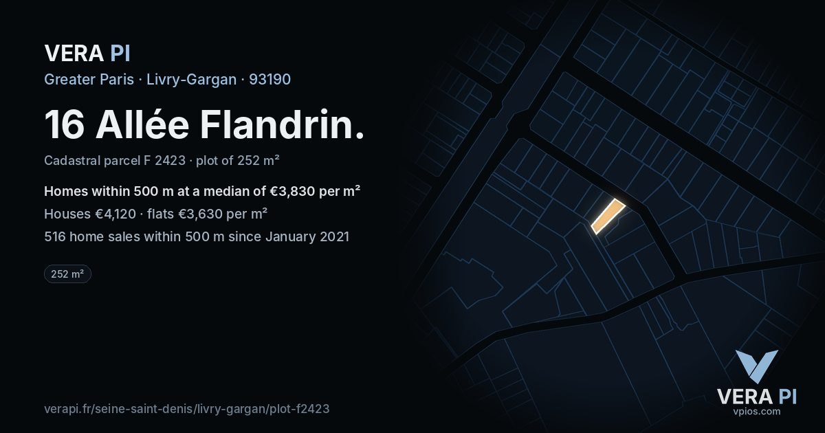 16 Allée Flandrin, Livry-Gargan at night – the plot lit, the parcels around coloured by the prices near them
