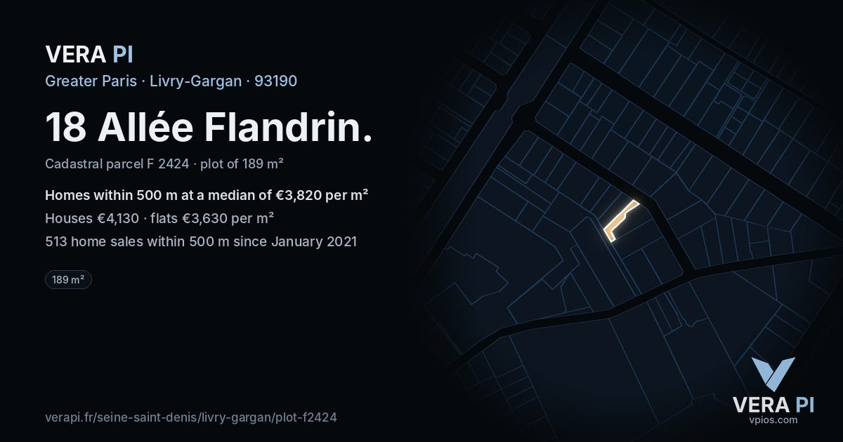 18 Allée Flandrin, Livry-Gargan at night – the plot lit, the parcels around coloured by the prices near them