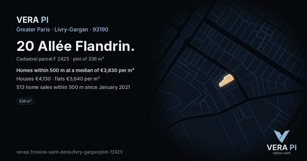 20 Allée Flandrin, Livry-Gargan at night – the plot lit, the parcels around coloured by the prices near them