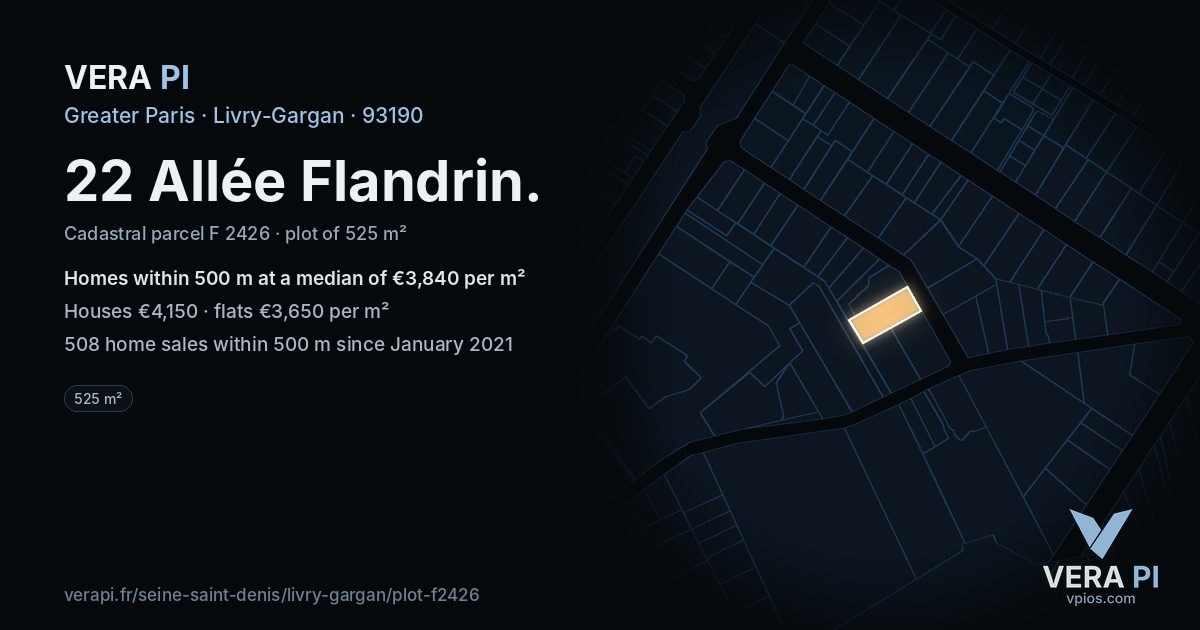 22 Allée Flandrin, Livry-Gargan at night – the plot lit, the parcels around coloured by the prices near them