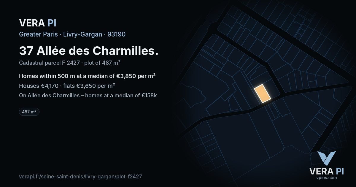 37 Allée des Charmilles, Livry-Gargan at night – the plot lit, the parcels around coloured by the prices near them