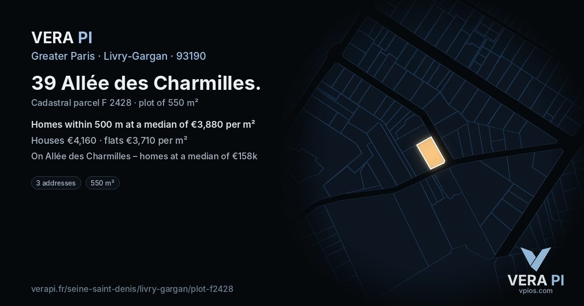 39 Allée des Charmilles, Livry-Gargan at night – the plot lit, the parcels around coloured by the prices near them