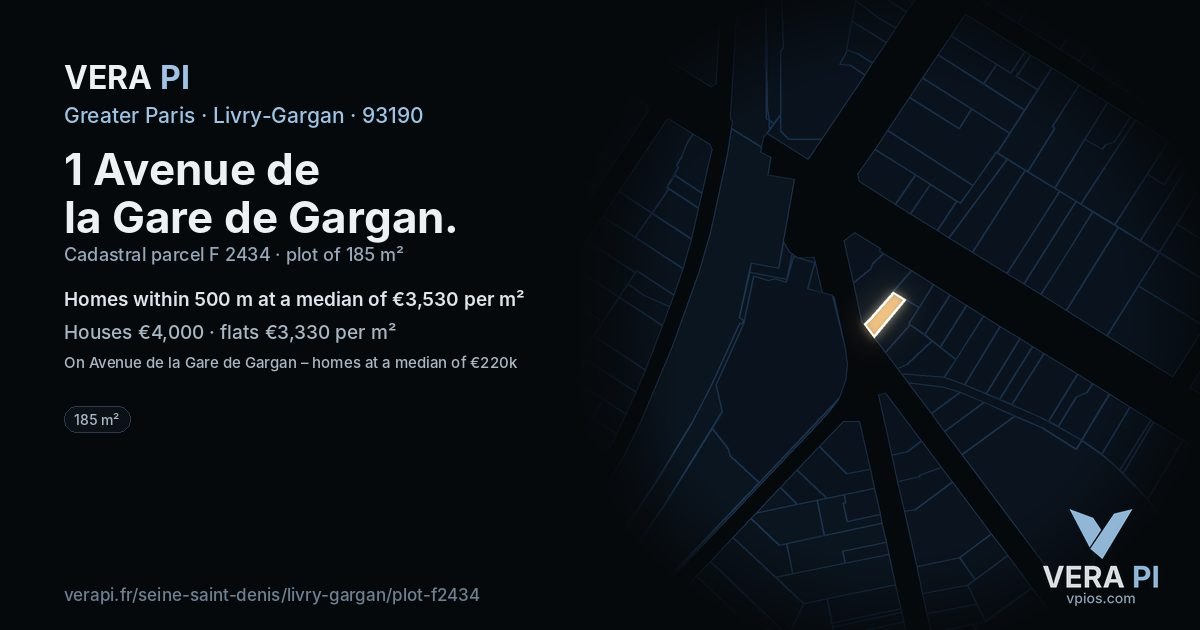 1 Avenue de la Gare de Gargan, Livry-Gargan at night – the plot lit, the parcels around coloured by the prices near them