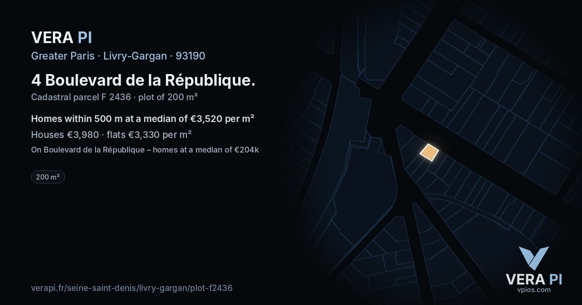 4 Boulevard de la République, Livry-Gargan at night – the plot lit, the parcels around coloured by the prices near them