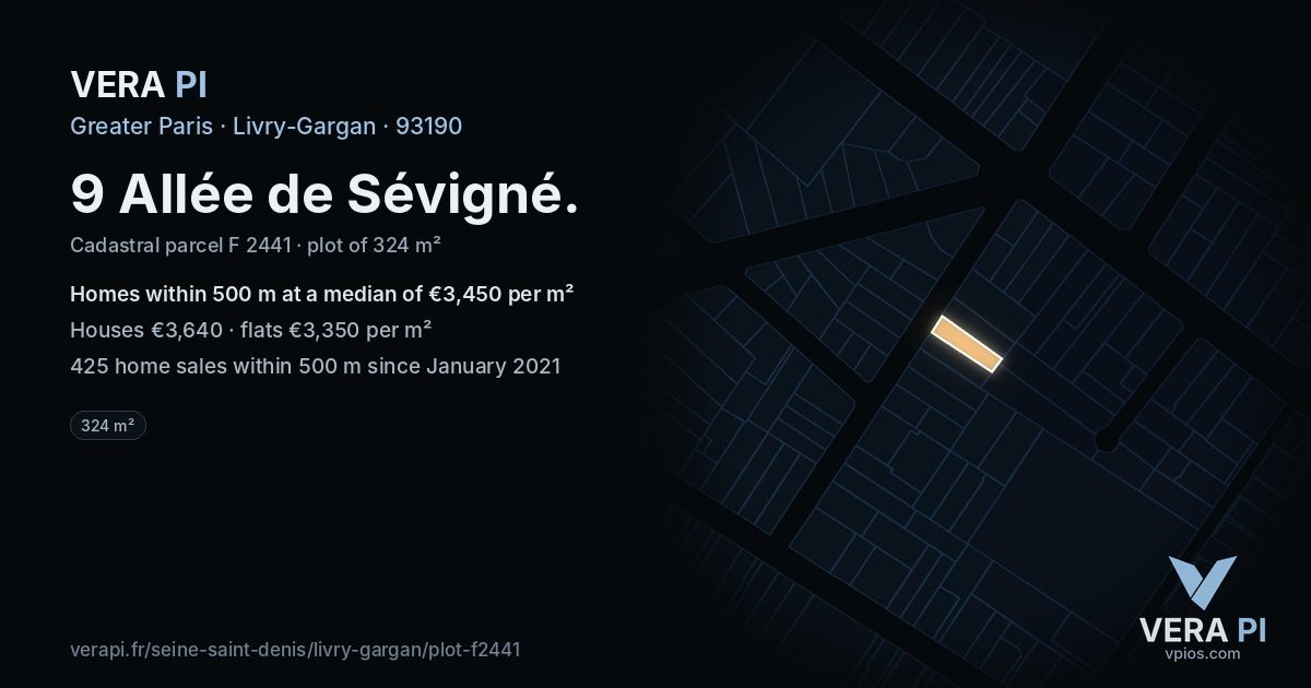 9 Allée de Sévigné, Livry-Gargan at night – the plot lit, the parcels around coloured by the prices near them