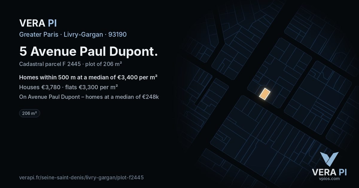 5 Avenue Paul Dupont, Livry-Gargan at night – the plot lit, the parcels around coloured by the prices near them
