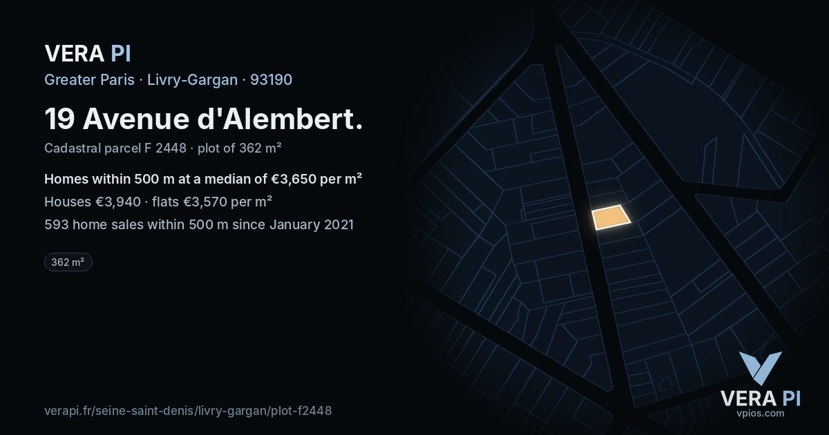 19 Avenue d'Alembert, Livry-Gargan at night – the plot lit, the parcels around coloured by the prices near them
