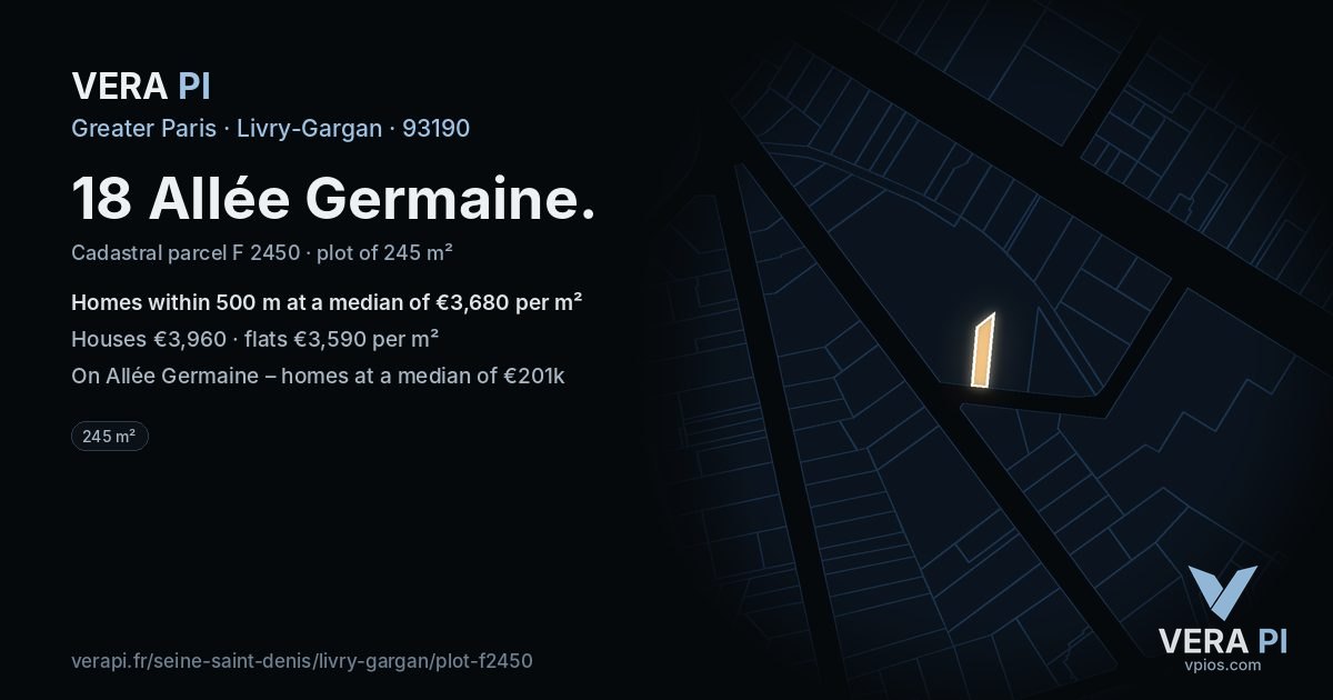 18 Allée Germaine, Livry-Gargan at night – the plot lit, the parcels around coloured by the prices near them