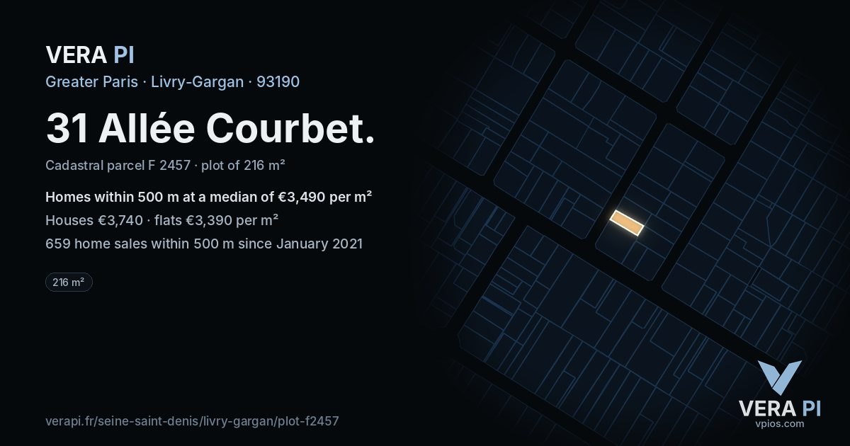 31 Allée Courbet, Livry-Gargan at night – the plot lit, the parcels around coloured by the prices near them