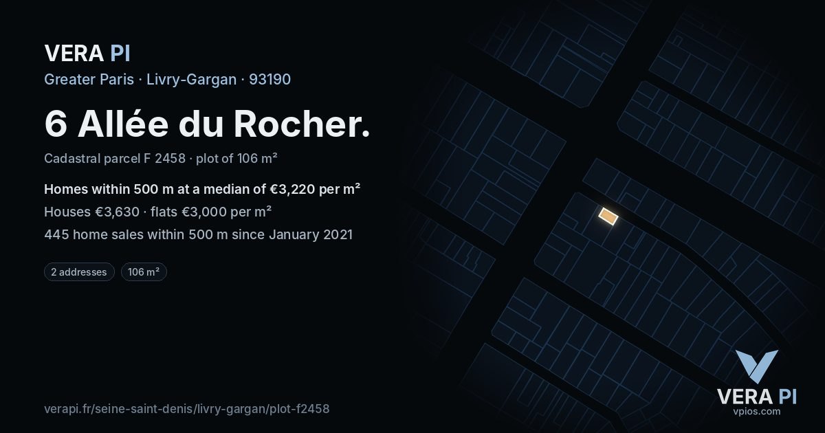 6 Allée du Rocher, Livry-Gargan at night – the plot lit, the parcels around coloured by the prices near them