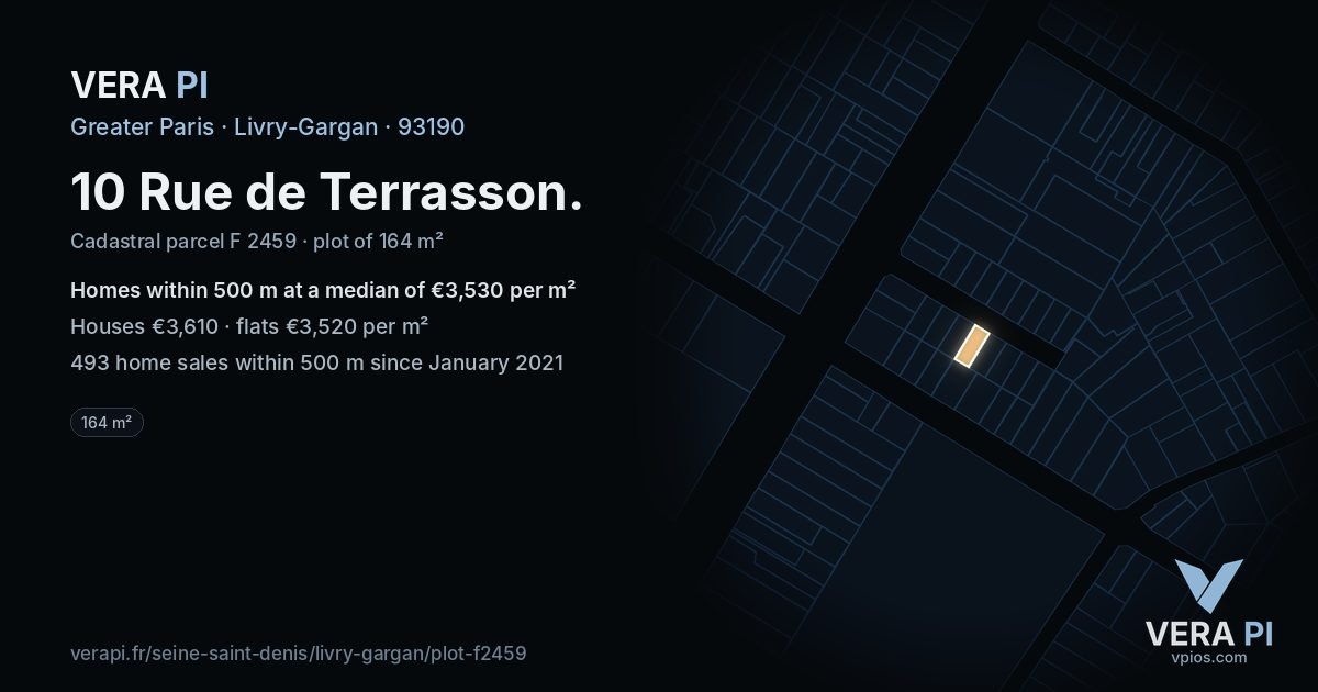 10 Rue de Terrasson, Livry-Gargan at night – the plot lit, the parcels around coloured by the prices near them