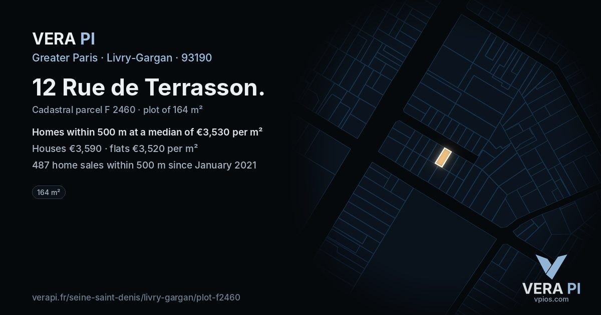 12 Rue de Terrasson, Livry-Gargan at night – the plot lit, the parcels around coloured by the prices near them