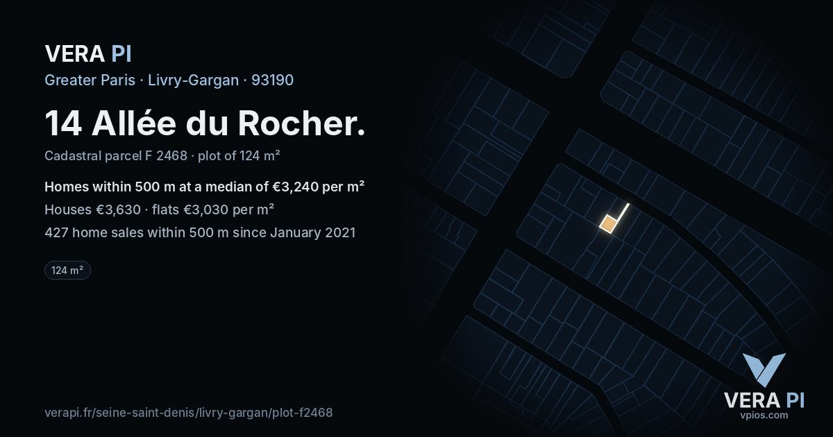 14 Allée du Rocher, Livry-Gargan at night – the plot lit, the parcels around coloured by the prices near them