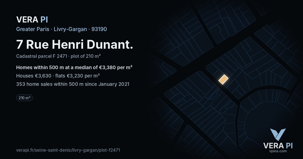 7 Rue Henri Dunant, Livry-Gargan at night – the plot lit, the parcels around coloured by the prices near them