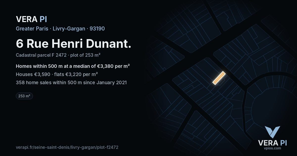 6 Rue Henri Dunant, Livry-Gargan at night – the plot lit, the parcels around coloured by the prices near them