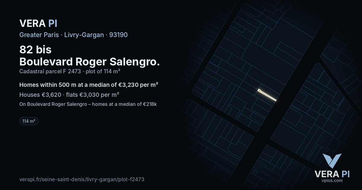 82 bis Boulevard Roger Salengro, Livry-Gargan at night – the plot lit, the parcels around coloured by the prices near them