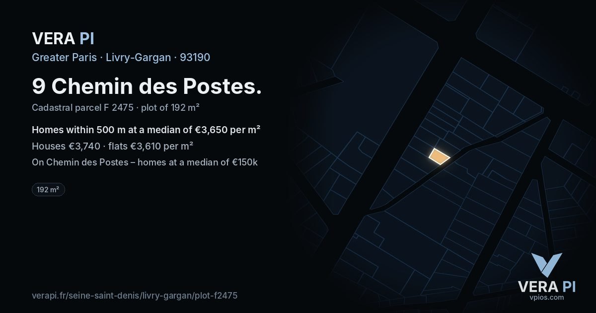 9 Chemin des Postes, Livry-Gargan at night – the plot lit, the parcels around coloured by the prices near them