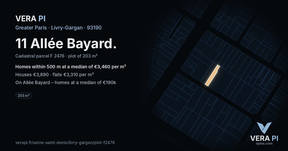 11 Allée Bayard, Livry-Gargan at night – the plot lit, the parcels around coloured by the prices near them