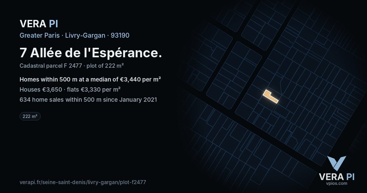7 Allée de l'Espérance, Livry-Gargan at night – the plot lit, the parcels around coloured by the prices near them