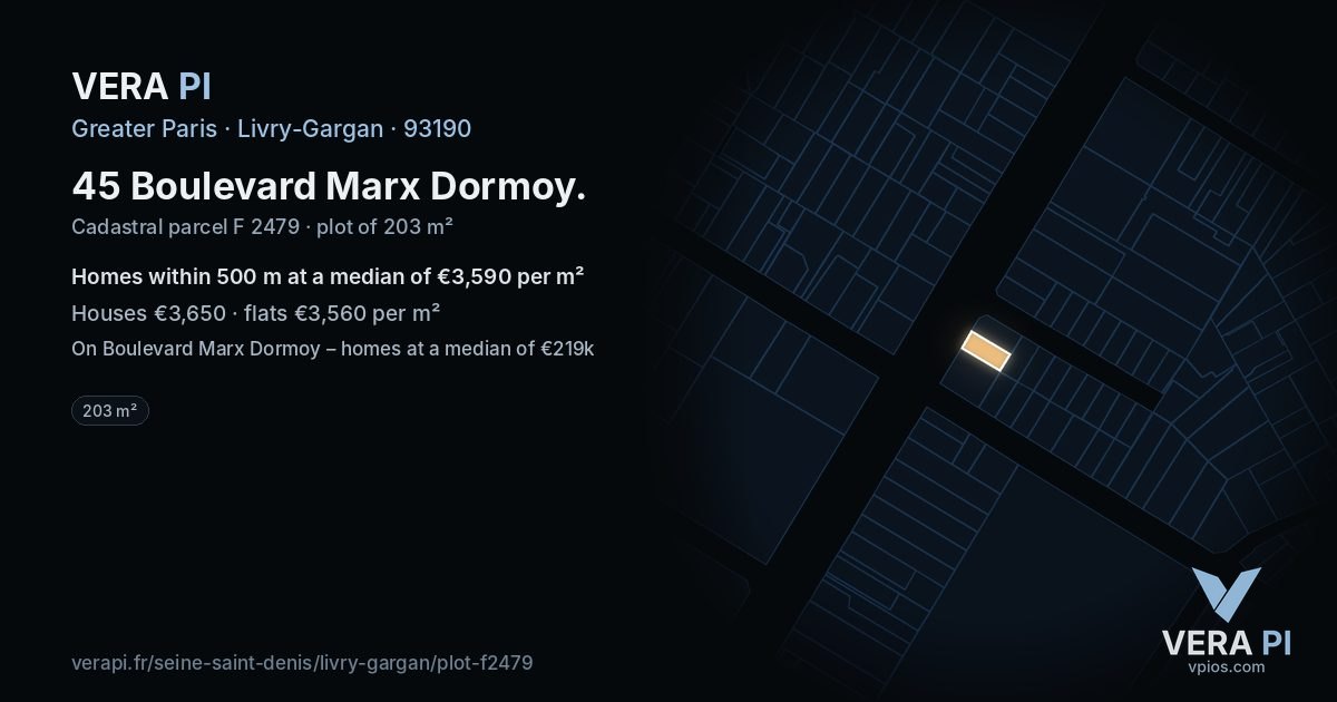 45 Boulevard Marx Dormoy, Livry-Gargan at night – the plot lit, the parcels around coloured by the prices near them