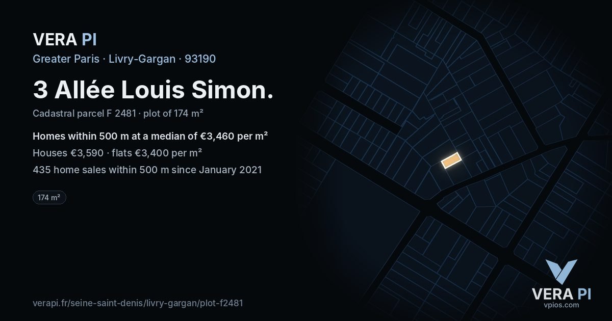 3 Allée Louis Simon, Livry-Gargan at night – the plot lit, the parcels around coloured by the prices near them