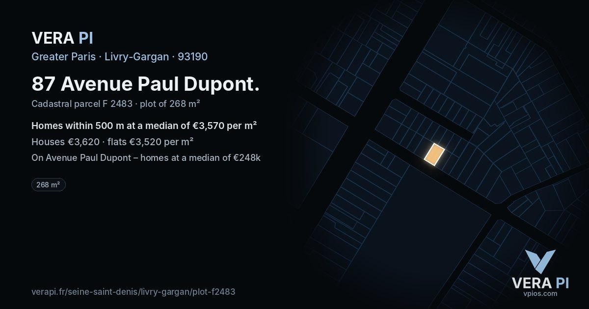87 Avenue Paul Dupont, Livry-Gargan at night – the plot lit, the parcels around coloured by the prices near them
